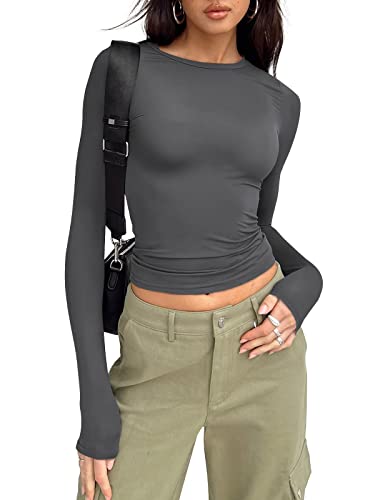 Trendy Queen Womens Long Sleeve Crop Tops Fall Fashion 2023 Outfits Basic Workout Sexy Crewneck Going Out Shirts Cute Slim Fit Copped Y2K Clothing Gothic Clothes Gray