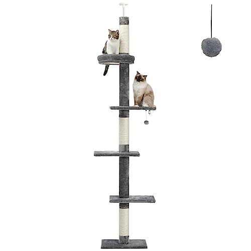PETEPELA Cat Tower 5-Tier Floor to Ceiling Cat Tree Height(95-107 Inches) Adjustable, Tall Cat Climbing Tree Featuring with Scratching Post, Cozy Bed,Interactive Ball Toy for Indoor Cats/Kitten Grey