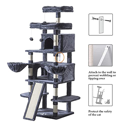 IMUsee 68 Inches Multi-Level Large Cat Tree Tower with Cat Condo/Cozy Plush Cat Perches/Sisal Scratching Posts and Hammocks/Cat Activity Center Play House/Smoky Grey