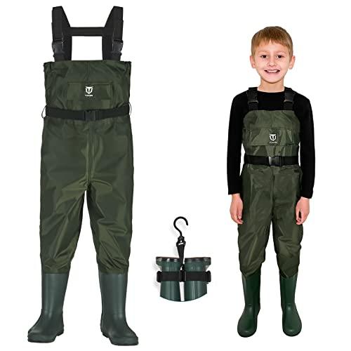 TIDEWE Chest Waders for Kids, Waterproof Youth Waders with Boot Hanger, Lightweight Durable PVC Kids Chest Waders with Boot for Fishing & Hunting (Size 10/11 Big Kid) - Grey Wolf Market