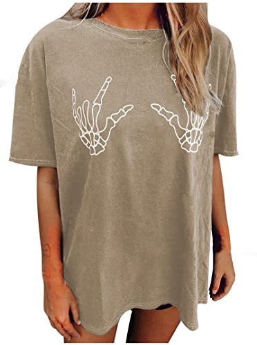 Avanova Women's Skull Graphic Print Oversized Tee Short Sleeve Casual Summer Loose T Shirt A Khaki Large