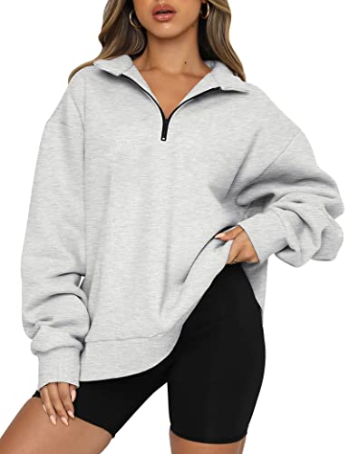 Trendy Queen Womens Oversized Half Zip Pullover Long Sleeve Sweatshirts Quarter Zip Hoodie Fall Sweaters Teen Girls Y2K Clothes Grey
