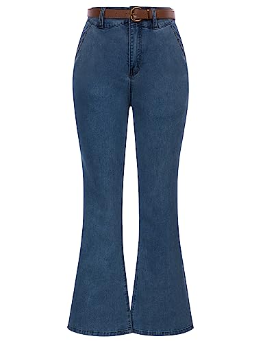 Women's Stretchy Bell Bottom Jeans High Waisted Bootcut Denim Flare Pants with Belt Dark Blue XXL