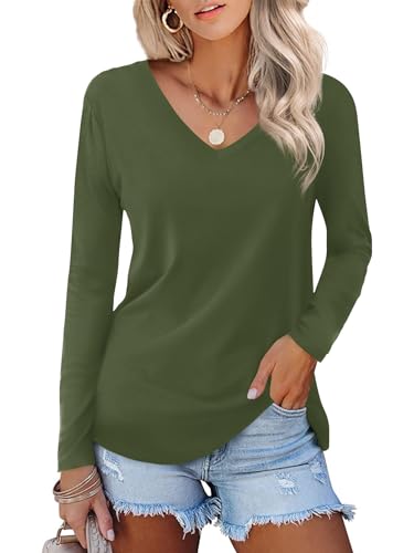 DittyandVibe Womens Long Sleeve Shirts V Neck Tops Basic Tees Blouse Olive Green L