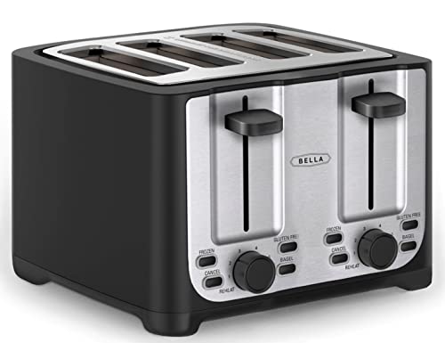 BELLA 4 Slice Toaster with Auto Shut Off - Extra Wide Slots & Removable Crumb Tray and Cancel, Defrost & Reheat Function - Toast Bread & Bagel, Black