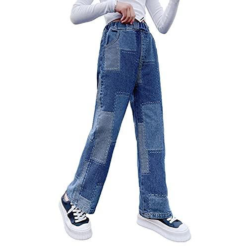 Rolanko Girls Baggy Jeans Elastic Wide Leg Stretch Denim Pants Loose Kids Clothes (Blue Patchw, 10-12) - Grey Wolf Market