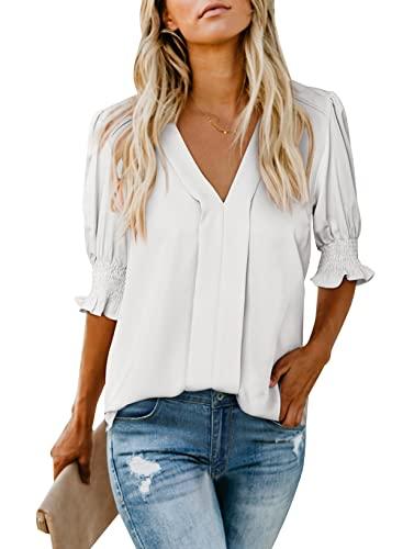 EVALESS Women's V-Neck Ruffle Sleeve Blouse - Casual White Top, Smocked Cuffs, Loose Fit (Small) - Grey Wolf Market
