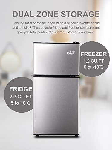 KRIB BLING 3.5 Cu.Ft Refrigerator 2 Door 7 Level Adjustable Thermostat Control Top-Freezer Refrigerator Lock Fresh Energy Saving Silver