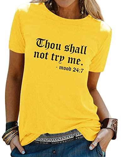 Nlife Women Thou Shall Not Try Me Letter Print Long Sleeve Crew Neck T-Shirt Top A-Yellow - Grey Wolf Market