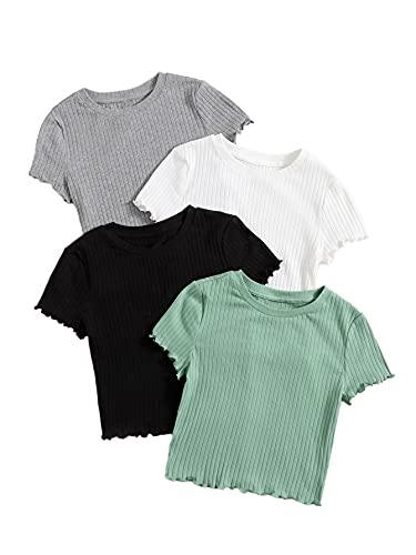MakeMeChic Women's 4 Pack Short Sleeve Lettuce Trim Ribbed Knit Tees Crop Tops Multicolor L - Grey Wolf Market
