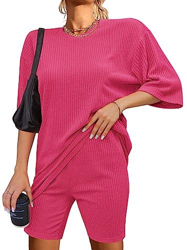Ekouaer Rib Pajamas 2 Piece Lounge Sets Ribbed Knit Matching Outfits T-shirt Biker Shorts Sleepwear Loungewear Sweatsuits Hot Pink Medium - Grey Wolf Market