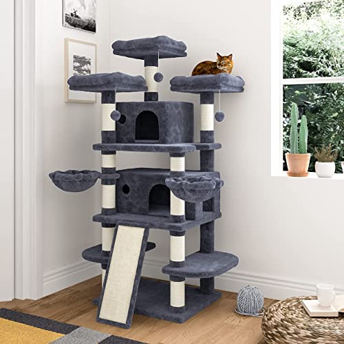 IMUsee 68 Inches Multi-Level Large Cat Tree Tower with Cat Condo/Cozy Plush Cat Perches/Sisal Scratching Posts and Hammocks/Cat Activity Center Play House/Smoky Grey