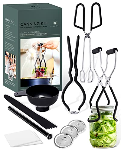 Canning Supplies Set of 8 – Canning Kit for Beginners – Complete Home Canners Equipment – Mason Jar Lifter, Funnel & Wrench, Tongs, Bubble Popper, Magnetic Lid Lifter, Canning Labels & Lids