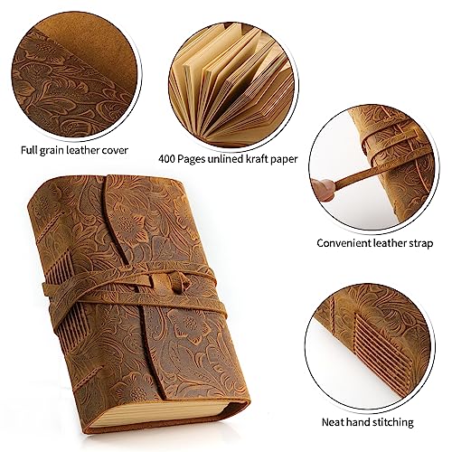 Ringsun Leather Journal Writing Notebook for Women Men Unlined Paper 400 Kraft Pages, 7 X 5 inches, Vintage Journal Leather Bound Daily Notepad, Brown,Carving