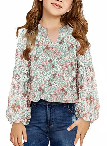 blibean Girl Floral Blouses Fall Chiffon Boho Flower Print Tops Kid Fit Flowy Bell Long Sleeve Shirts Spring Loose Bohemian Clothes Size 12-13 Years Green - Grey Wolf Market