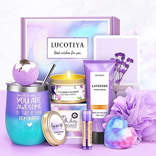 LUCOTIYA Birthday Gifts for Women, Gift Basket Women Wine Tumbler Self Care Package Mom, Bestie, Her, Sister, Wife, Auntie, Thank You
