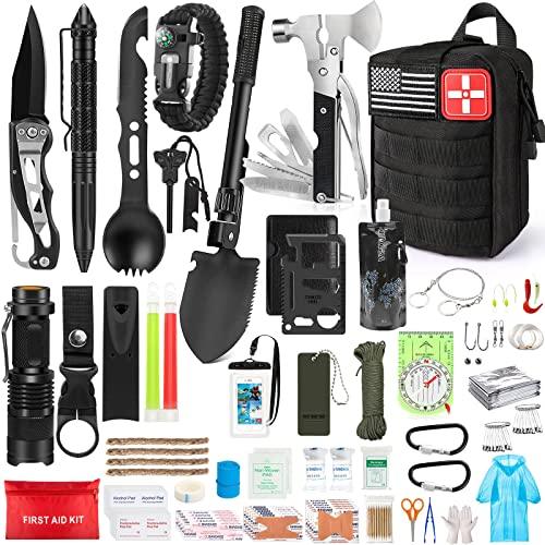 235Pcs Emergency Survival Kit and First Aid Kit Professional Survival Gear Tool with IFAK Molle System Compatible Bag, Gift for Men Camping Outdoor Adventure Boat Hunting Hiking & Earthquake (Black) - Grey Wolf Market