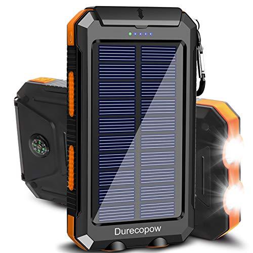 Durecopow Solar Charger, 20000mAh Portable Outdoor Waterproof Solar Power Bank, Camping External Backup Battery Pack Dual 5V USB Ports Output, 2 Led Light Flashlight with Compass (Orange) - Grey Wolf Market