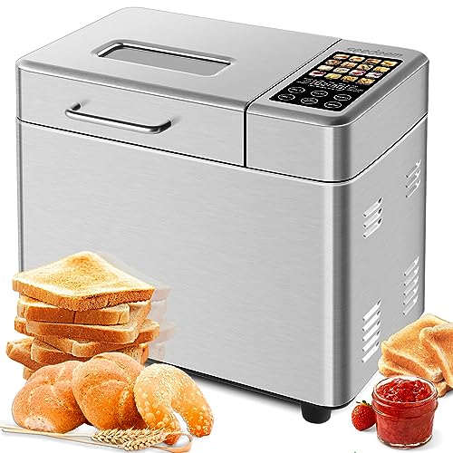 SEEDEEM 16-in-1 Bread Machine, 2.2LB Stainless Steel Bread Maker with Fruit and Nut Dispenser, Nonstick Ceramic Pan, 3 Crust Colors & 3 Loaf Sizes, Touch Panel, Recipes, Silver