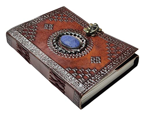 RUSTIC TOWN Leather Bound Journal for Men Women with Semi-Precious Stone & Buckle Closure - Book of Shadow Handmade Leather Travel Writing Notebook Diary Gift for Him Her