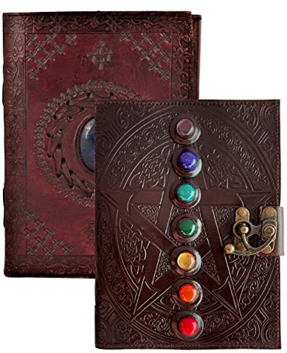 RUSTIC TOWN Leather Bound Semi-Precious Stone & Leather Journal Writing 7 Stone Notebook Combo - Leather Travel Writing Diary Gift for Men Women