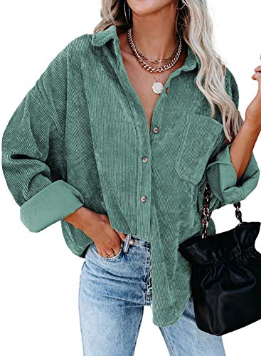 Dokotoo Womens Corduroy Shirts Button Down V Neck Long Sleeve Blouse Casual Roll Up Cuffed Tops with Pockets L Green